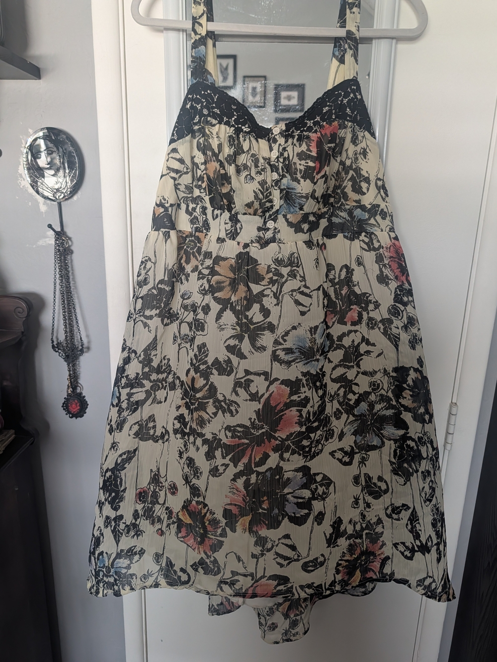 torrid Cream Floral Mini Dress with Black Lace